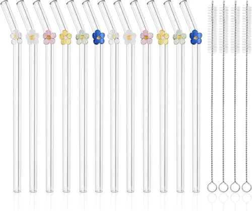 Miniatura 11 de 6 popotes de vidrio Boba reutilizables, 8.3 pulgadas x 0.394 in de ancho con dijes de flores, pajitas de té de burbujas reutilizables, aptas
