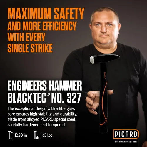 Miniatura 2 de Picard Martillo remachador BlackTec 17.64 oz - Patrón alemán, cruz Peen, cabeza de acero de aleación, recubrimiento en polvo negro, baja vibración