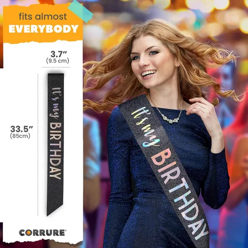 Miniatura 5 de CORRURE Banda con purpurina «It's My Birthday» con lámina multicolor – Banda de feliz cumpleaños con purpurina negra para mujeres – Suministros