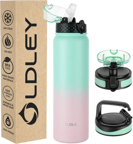 Miniatura 42 de Botella de agua aislada Oldley de 12 oz con pajita, botella de agua de acero inoxidable con 2 tapas, botellas de doble pared con vacío para adultos