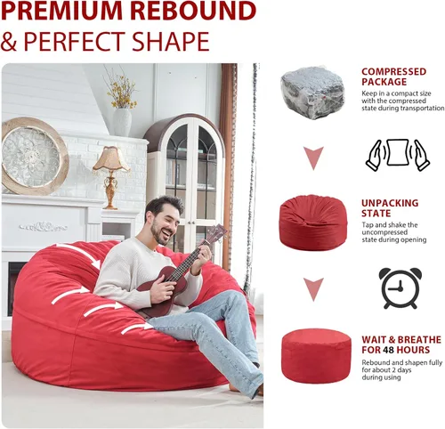 Miniatura 304 de Puf de 5 pies, puf grande con relleno de espuma viscoelástica, sofá puff esponjoso con funda de terciopelo holandés, puf redondo para sala de estar