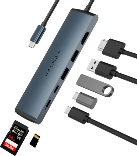 Miniatura 9 de Hub USB C, WALNEW 7 en 1, estación de acoplamiento USB-C con HDMI 4K, 100 W PD, 3 puertos de datos de 5 Gbps (1 USBC y 2 USB 3.0), lector de Gris