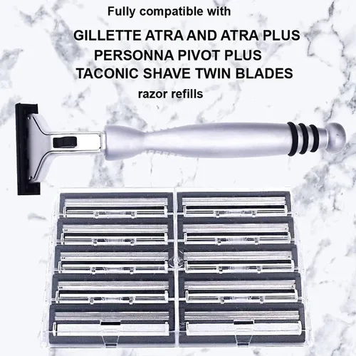 Miniatura 3 de Taconic - Maquinilla de afeitar cromada pesada de metal – Gillette® Atra-Compatible con doble hoja con 10 cuchillas Pivot Plus Personna, agarre