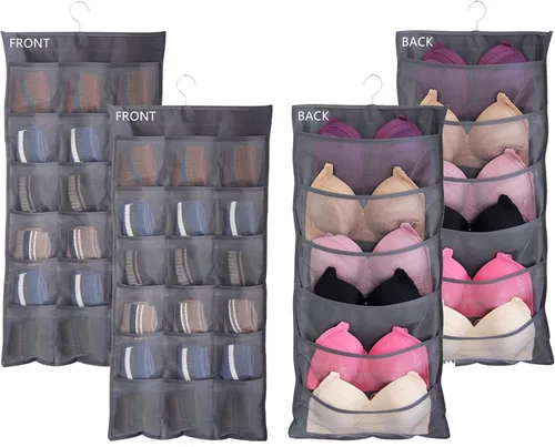 Miniatura 8 de Organizador de armario de doble cara con bolsillos de malla para colgar, para ropa interior, brasier, calcetines, accesorios con percha, total de 24