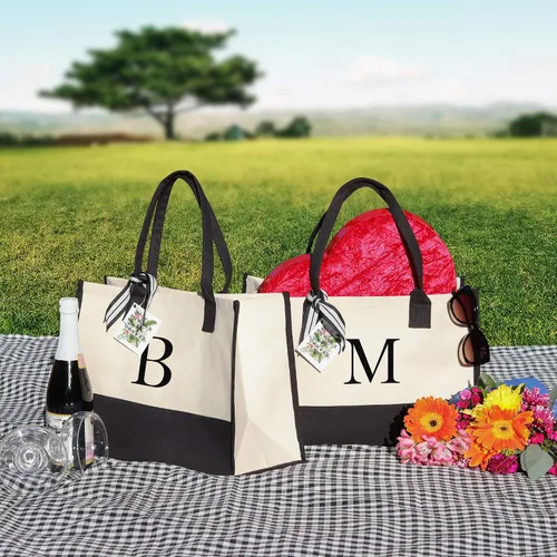 Miniatura 3 de Personalized Gift Monogram Initial 100% Cotton Two Tone Chic Tote Bag with Customize Option - Black