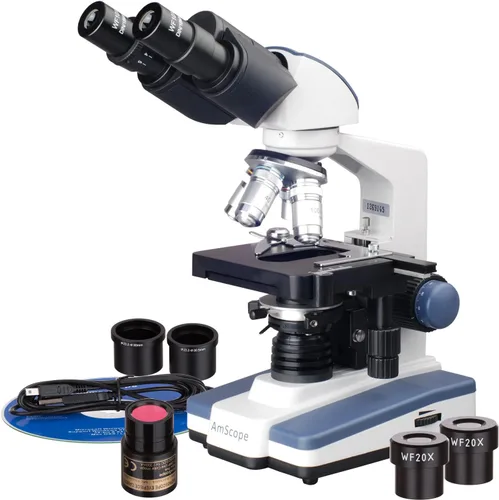 AmScope B120B-E - Microscopio compuesto binocular Siedentopf digital, aumento 40X-2000X, campo brillante, iluminación LED, condensador Abbe, etapa