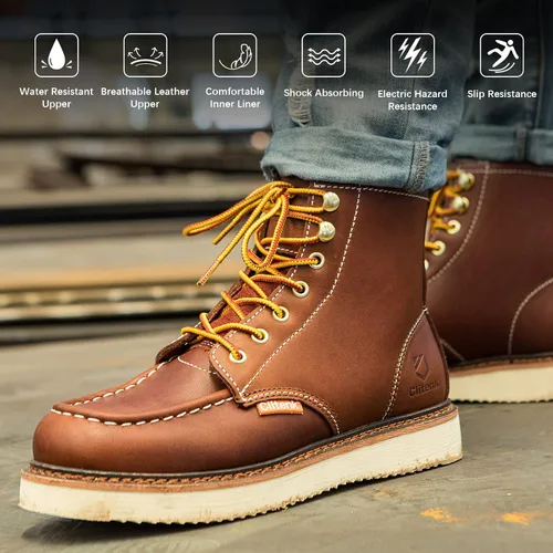 Miniatura 5 de Men's 6" Soft Toe Work Boots Full Grain Leather Moc Toe Waterproof Wedge Sole Comfortable Construction Boots