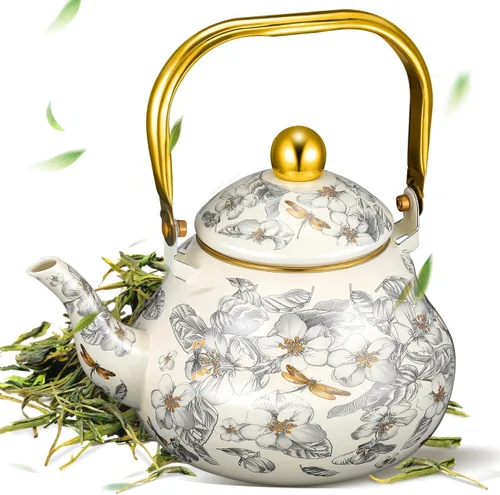 Cabilock Tetera esmaltada vintage de 2.1 cuartos de galón, tetera esmaltada floral con mango de porcelana de tacto fresco para estufa, decoración