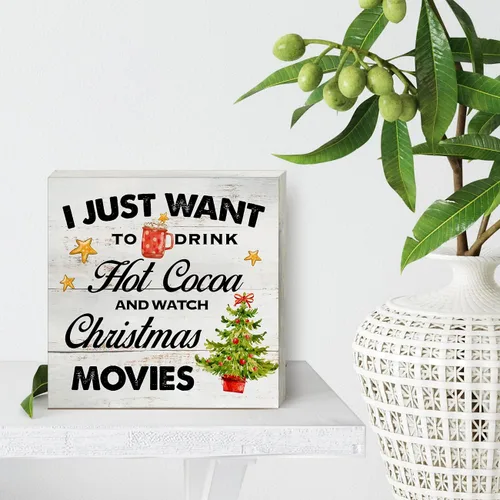 Miniatura 4 de Cartel de madera para cocina de Navidad, decoración del hogar, rústico, con texto en inglés "I Just Want to Drink Watch Christmas Movies", bandeja