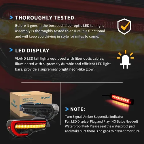 Miniatura 9 de VLAND Luces traseras LED compatibles con Scion Fr-s 2013-2016 Toyota86/Subuaru Brz 2013-2020 con secuencial ámbar, conjunto de lámpara trasera LED