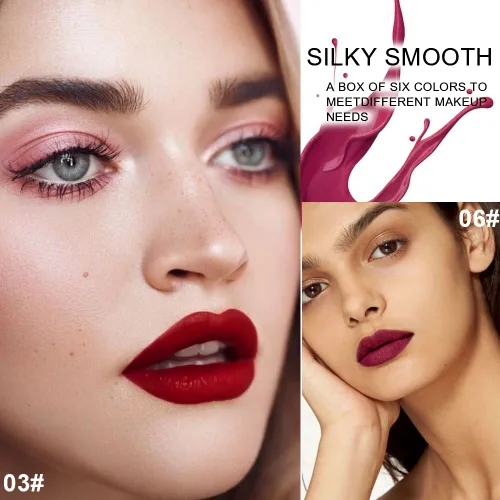 Miniatura 5 de Juego de 6 labiales líquidos de larga duración para mujeres; juego de brillos labiales líquidos permanentes y que duran 24 horas, color rojo vino