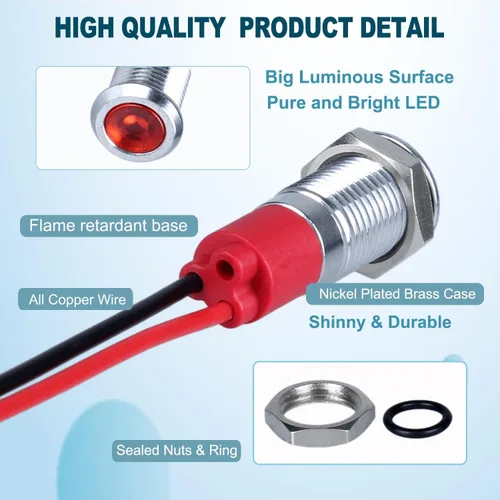 Miniatura 3 de 5Pcs 12V-24V Luz indicadora LED de ahorro de energía Montaje de orificio 8mm (1/3") 20mA Señal de lámpara de cabeza plana ancha impermeable piloto