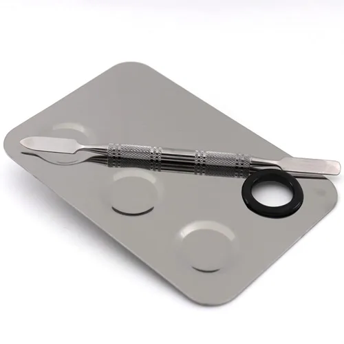 Miniatura 4 de Miamay Paleta de maquillaje de 6 por 4 pulgadas de acero inoxidable 3-abolladuras Nail Art Cosmetic Artist Paleta de mezcla con herramienta