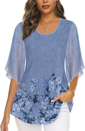 Miniatura 2 de Ninedaily Blusas de manga 34 para mujer, estilo casual, de doble capa, de malla, tipo túnica