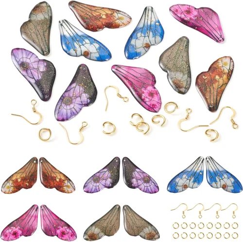 Miniatura 24 de FASHEWELRY 16 aretes de resina con alas de libélula y arco iris, mariposa, colgantes, alas de hada, coloridos dijes con ganchos para aretes, anillos
