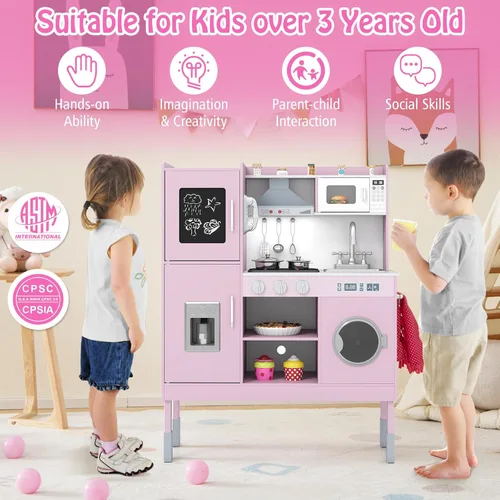 Miniatura 7 de HONEY JOY Juego de cocina para niños, cocina de madera para niños pequeños, microondas, utensilios de cocina, lavadora, campana extractora, juego