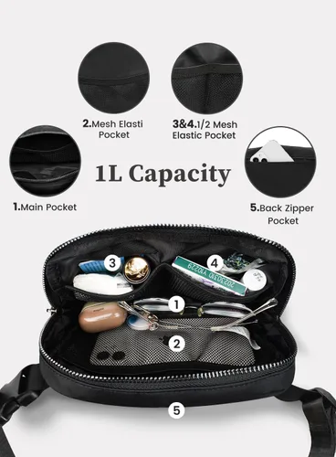 Miniatura 3 de Everywhere - Bolsa de cinturón para mujer, mini bolsa ligera con cintura ajustable, impermeable, cruzada para correr, viajar, senderismo, Negro