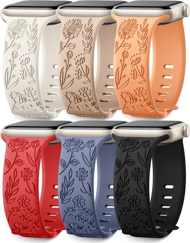 Miniatura 13 de SNBLK Paquete de 6 correas florales grabadas compatibles con Apple Watch de 40mm 41mm 42mm 38mm 44mm 45mm 46mm 49mm, mujeres y hombres, correa