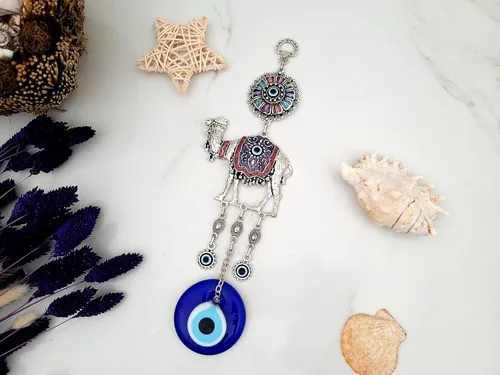 Miniatura 5 de Abalorio de cristal azul con protección contra el mal de ojo, color camello, cuentas turcas de nazar, adorno colgante de pared de color camel contra