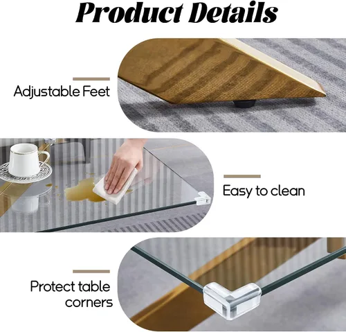 Miniatura 4 de Mesa de centro de cristal de 47 pulgadas, moderna tapa rectangular de vidrio templado con patas de metal con cruz dorada, mesa central de espacio