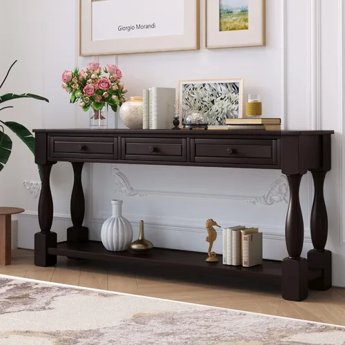 Miniatura 18 de Quarte Elegante mesa consola con tres cajones de almacenamiento, mesa de sofá extra larga para entrada, pasillo, sala de estar, vestíbulo, pasillo
