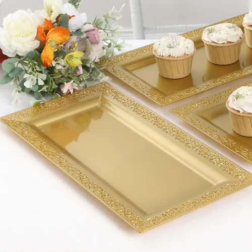 Efavormart - Paquete de 4 bandejas rectangulares de plástico con estampado de encaje dorado de 14 pulgadas, bandejas decorativas para mesa de café