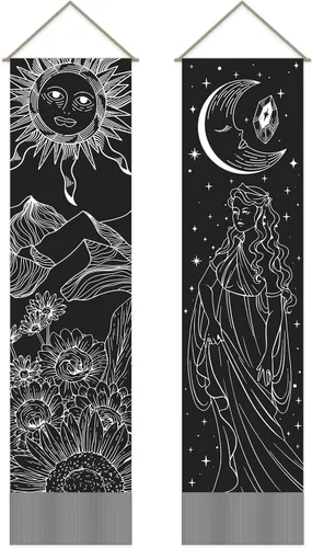 Miniatura 13 de AHANDMAKER 2 tapices de flores y hojas, tapiz de sol y luna, psicodélico largo vertical para colgar en la pared, tapices de estética botánica, tapiz
