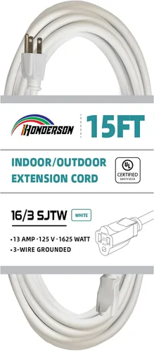Miniatura 16 de Cable de extensión para interiores y exteriores, resistente a la intemperie, certificación UL, calibre 16, 30 pies, color blanco, 3 clavijas