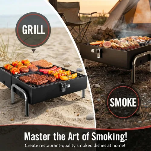Miniatura 7 de Parrilla de carbón portátil, parrilla de mesa pequeña para barbacoa al aire libre, para camping, playa, fácil montaje, parrilla pequeña multiusos