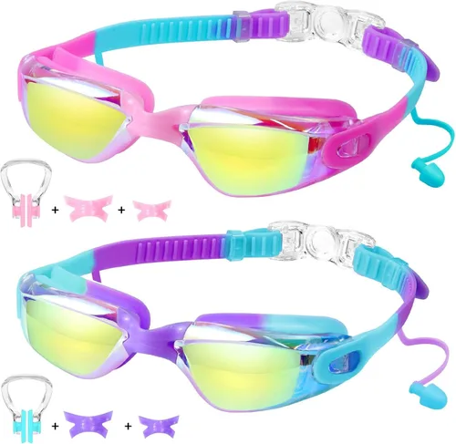 Vvinca Swimming Goggles for Kids 3-15 years-2 Pack, Kids Goggles Anti-Fog/UV No Leaking Swim Goggles for Kids 01-rosa azul y morado azul