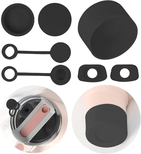 Juego de 7 tapones de silicona para vasos Stanley, juego de accesorios de copa Stanley con fundas para popote y funda, compatible con H2.0 (negro)