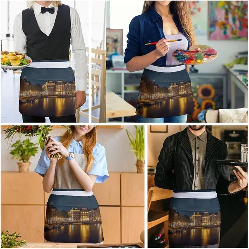 Miniatura 5 de Amsterdam Night View Print Server Aprons with 3 Pockets, Cute Waist Apron, Waterproof Half Apron for Cooking, Painting, Kitchen Baking, Service