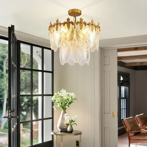 Miniatura 7 de Antique Chandeliers 2-Layer Gold Crystal Glass Chandelier, 4-Light Round Pendant Light 17.7" Brushed Brass Adjustable Height, Applicable to Dining