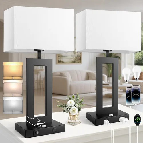 Miniatura 12 de Kondras Juego de 2 lámparas de mesa para dormitorios, 3 temperaturas de color, control táctil, lámparas de noche con 2 puertos USB y salida de CA
