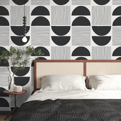 Miniatura 4 de VEELIKE Papel tapiz moderno de mediados de siglo en blanco y negro, papel tapiz geométrico abstracto para dormitorio, baño, 17.7 x 118 pulgadas