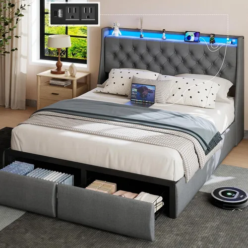 Miniatura 13 de SADENICEL Base de cama de tamaño completo con cabecera de almacenamiento y 4 cajones, plataforma de base de cama de metal completo con luz LED