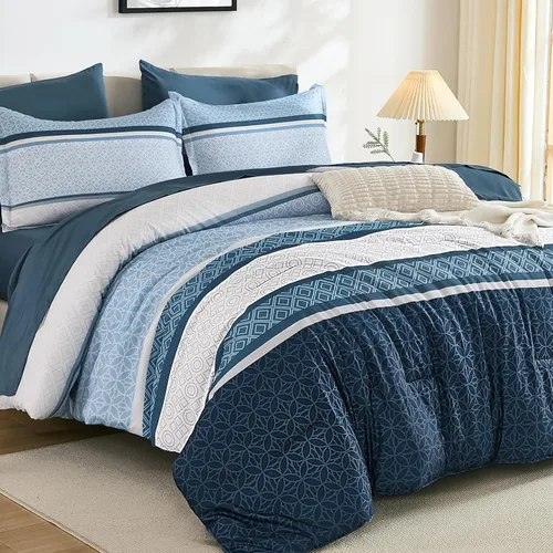 Miniatura 12 de WONGS BEDDING Juego de edredón Beige tamaño Queen, juego de 7 piezas de edredón y sábanas con tiras en una bolsa, juego de ropa de cama