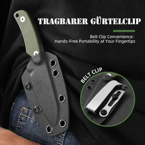 Miniatura 5 de Omesio Nessmuk - Cuchillo EDC de espiga completa para hombre, hoja fija de 5.82 pulgadas con boquilla y clip Kydex, hoja Nessmuk pequeña de acero D2