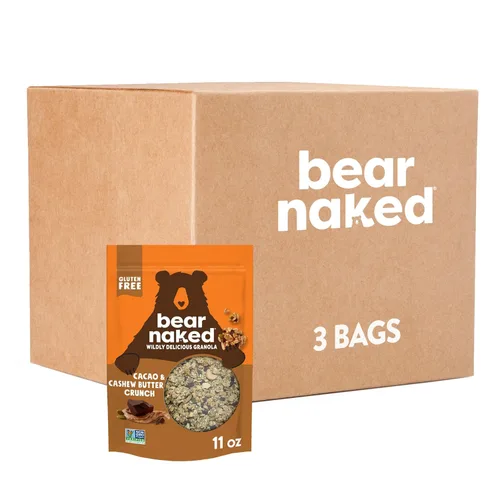 Bear Naked Cereal de granola, vegano y sin gluten, aperitivos de desayuno, cacao y mantequilla de anacardos (3 bolsas)