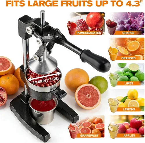 Miniatura 5 de Exprimidor de cítricos de hierro fundido – Prensa manual naranja resistente de 13.8 libras, taza y colador de acero inoxidable 304, exprimidor