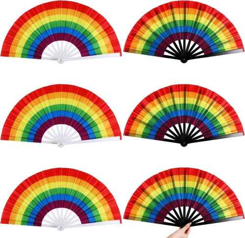 Miniatura 8 de Geetery 6 piezas grandes de mano plegable arco iris para fanáticos gay LGBT, fanáticos del festival orgullo arco iris para mujeres y hombres, fiesta