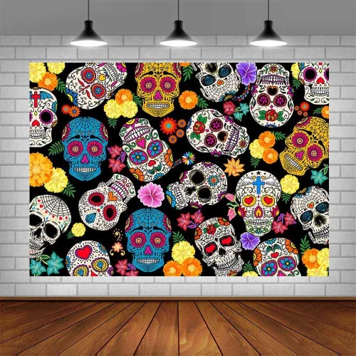 Miniatura 4 de AIBIIN Telón de fondo del Día de los Muertos de 10 x 7 pies, fiesta mexicana, calavera de azúcar, fondo de fotografía Dia DE Los Muertos, decoración