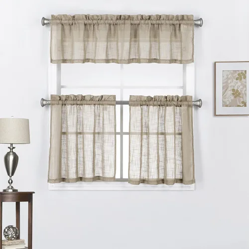 Miniatura 6 de Juego de 3 cortinas de lino con textura para ventana de cocina y cafetería, 24 pulgadas de largo, color negro