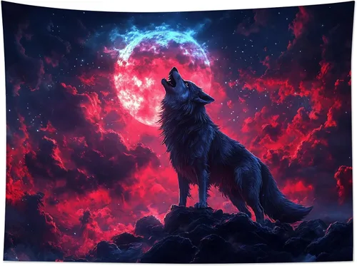 Miniatura 12 de HVEST Tapiz de pared de lobo para colgar en la pared, tapiz de animales salvajes, lobos aullidos en tapices nevados, escena de nieve de invierno