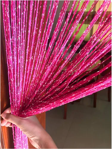 Miniatura 16 de Cortina de cuerda para puerta, hilo plano de cinta plateada con borlas, divisor de habitación, 39 x 79 pulgadas (rosa-estilo 2)