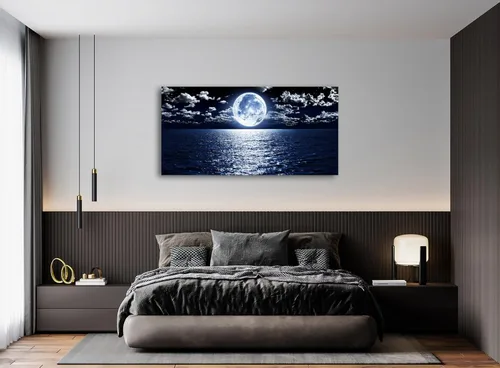 Miniatura 3 de Cao Gen Decor Art S06950 - Lienzo decorativo para pared, diseño de luna, mar, océano, paisaje, 1 panel, luna llena en nube, cuadros estirados