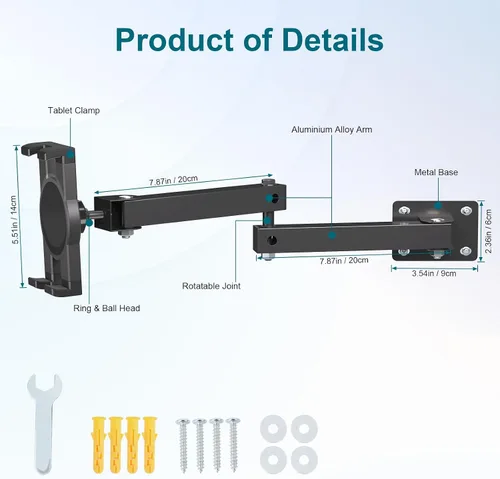 Miniatura 8 de Mippko Soporte plegable de pared para iPad, soporte para tableta, soporte ajustable de 360°, brazo articulado de aleación de aluminio extensible