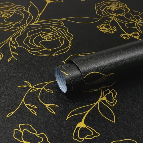 Miniatura 14 de Safiyya Papel tapiz de 118 x 17.3 pulgadas, papel de contacto dorado y azul, papel tapiz floral, autoadhesivo, extraíble, para cubrir dormitorios