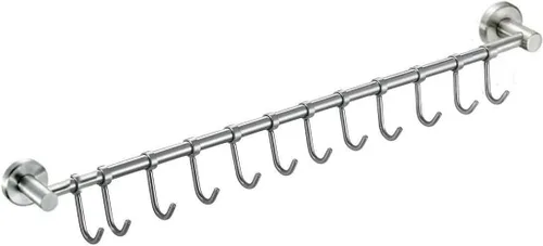 Estante organizador de utensilios de cocina de acero inoxidable de alta calidad con ganchos móviles para olla de sartén, montaje en pared (24