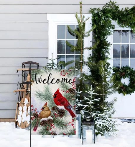 Miniatura 5 de Banderas de jardín de invierno de bienvenida para decoración exterior, bandera de patio pequeño con ramitas de pino cardenal, decoración de Navidad